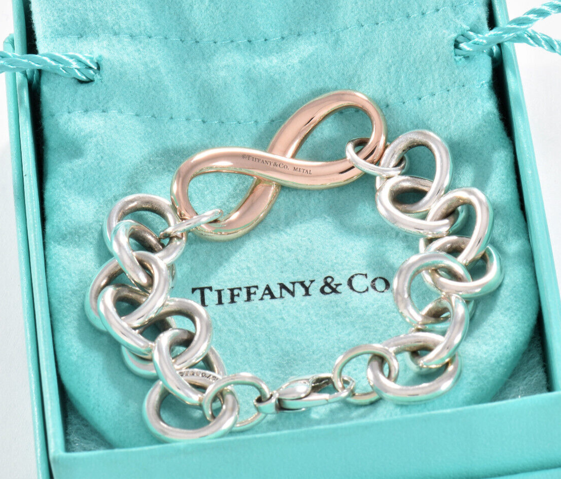 Heavy 7.75" Tiffany & Co Rubedo Gold Metal Silver Infinity Large Chain Bracelet