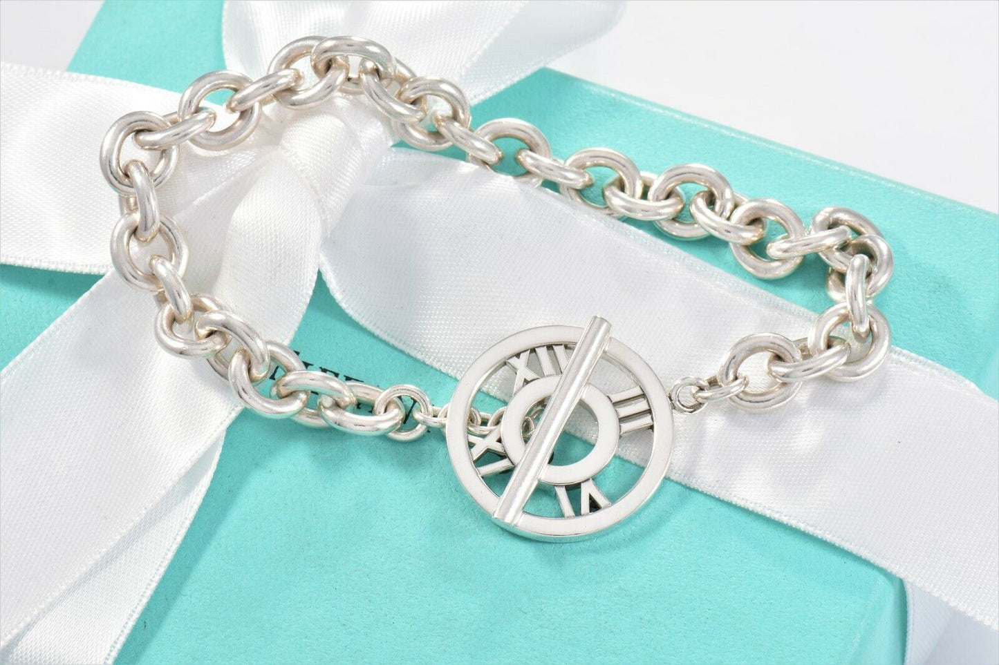 Tiffany & Co Sterling Silver Atlas Toggle Chain 8.25" Bracelet with Pouch Rare