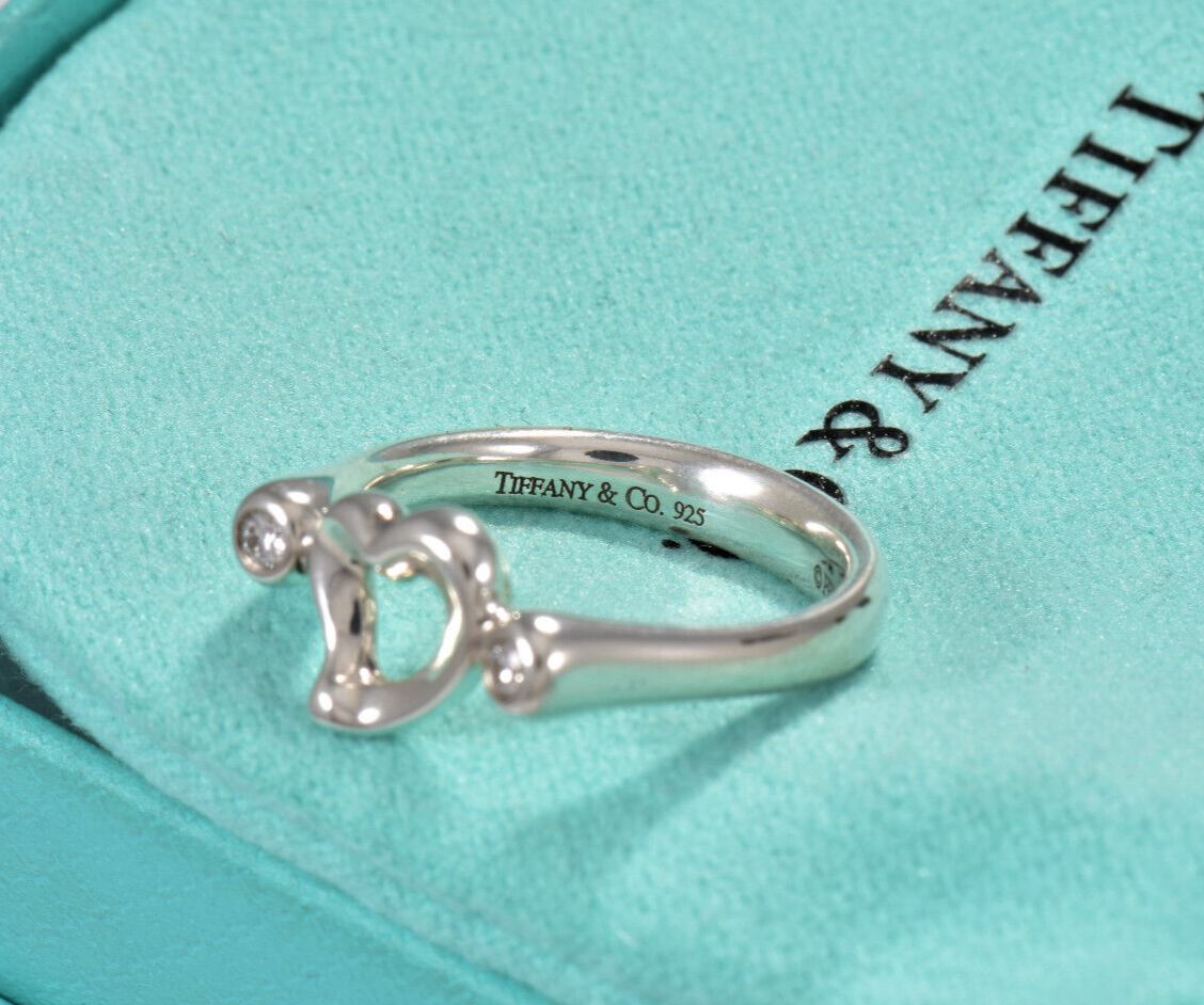 Size 5.5 Tiffany & Co Diamond Silver Elsa Peretti Open Heart Ring in Box Pouch