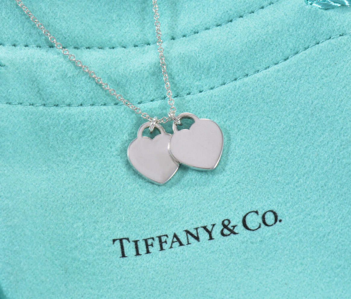 18.5" Please Return Tiffany & Co Silver Mini Double Heart Red Enamel Necklace