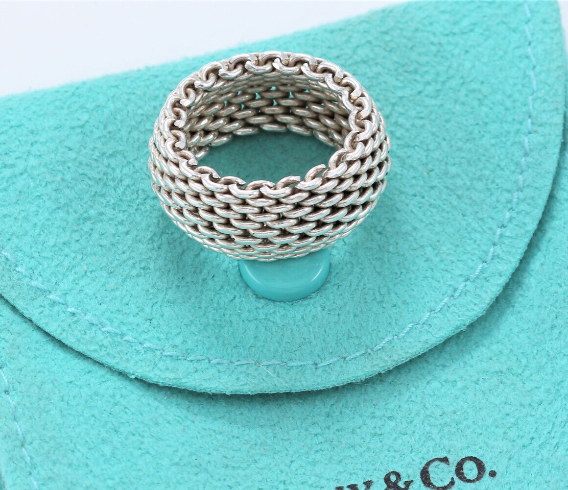 Size 7 Tiffany & Co Sterling Silver Somerset Mesh Dome Ring in Pouch Lovely