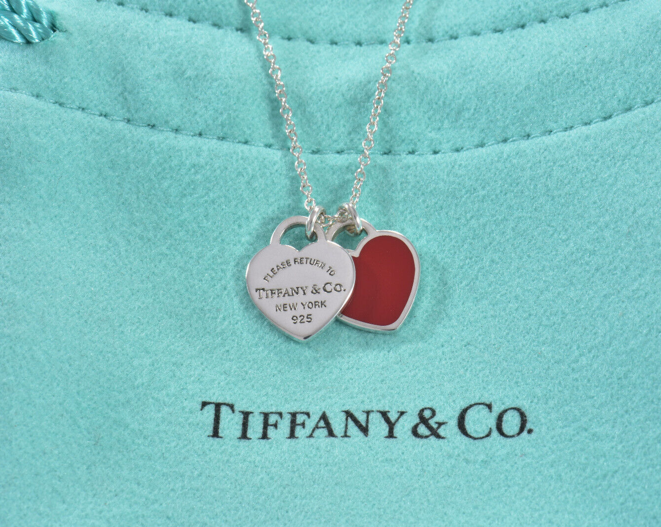 18.5" Please Return Tiffany & Co Silver Mini Double Heart Red Enamel Necklace