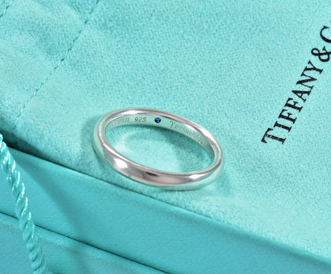 Size 12.5 Tiffany & Co Silver Elsa Peretti Blue Sapphire Stack Ring & Pouch Rare