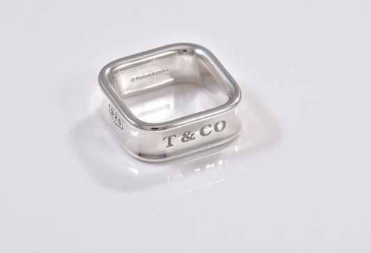 Tiffany & Co 1837 Sterling Silver Square Wide Band Ring Size 5.5 and Pouch Rare