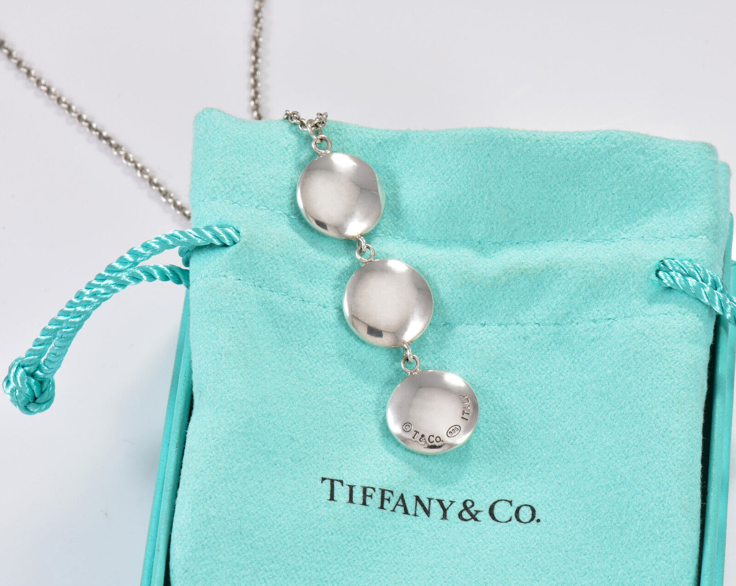 Tiffany & Co Silver Three Circle Drop Disk Pendant Dangle Necklace in Box Pouch