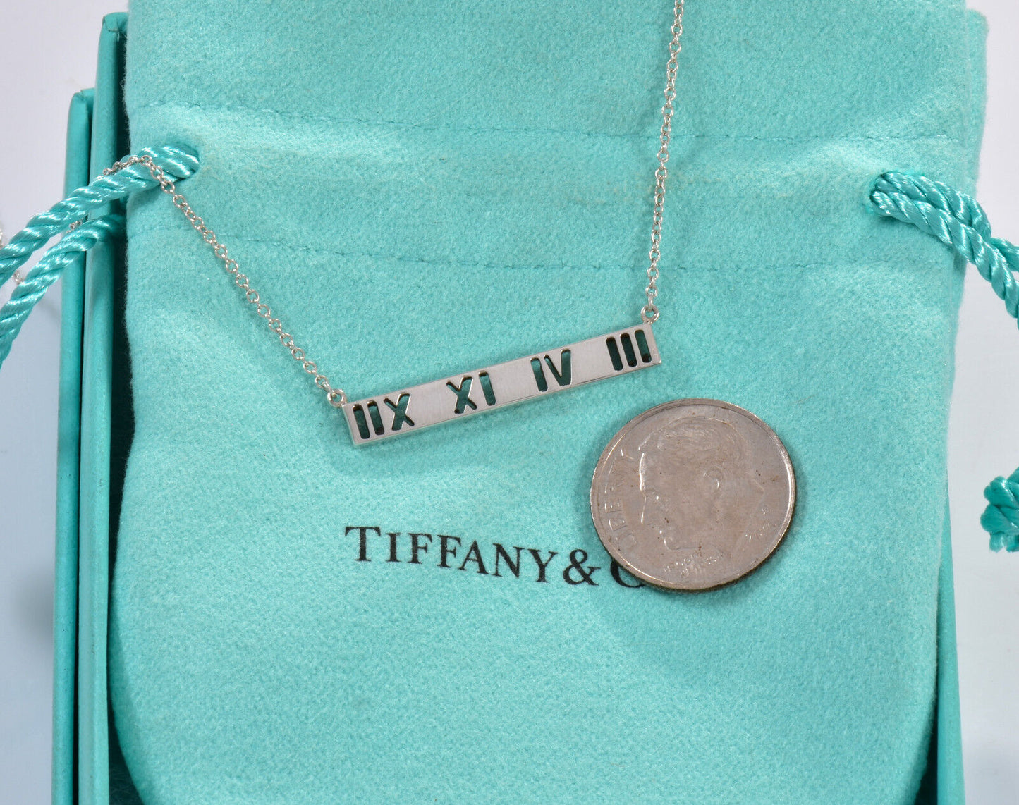 Tiffany & Co Silver Atlas Roman Numeral Bar Pendant Adjustable Necklace in Pouch