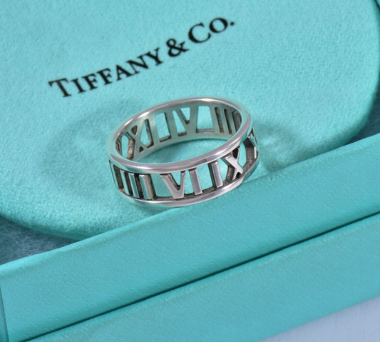 Size 6 Tiffany & Co Silver Atlas Numeral Wide Open Stencil Band Ring in Pouch