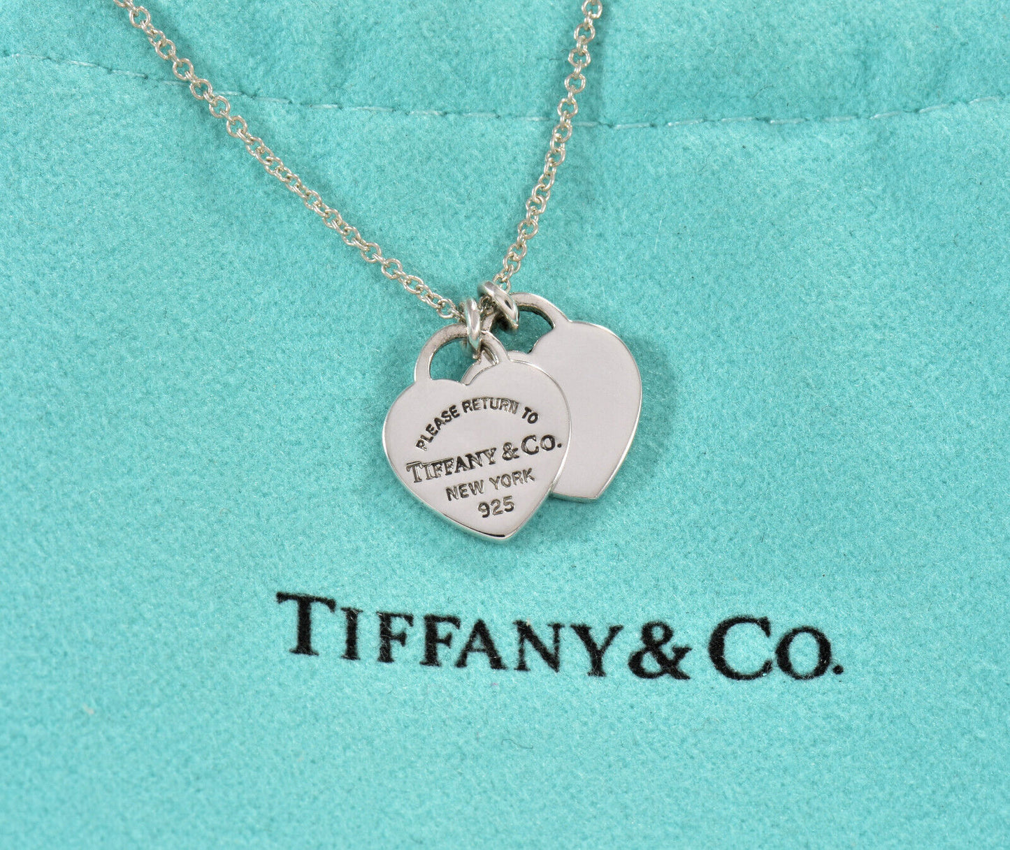 19.25" Please Return To Tiffany & Co Silver Mini Double Heart Pendant Necklace