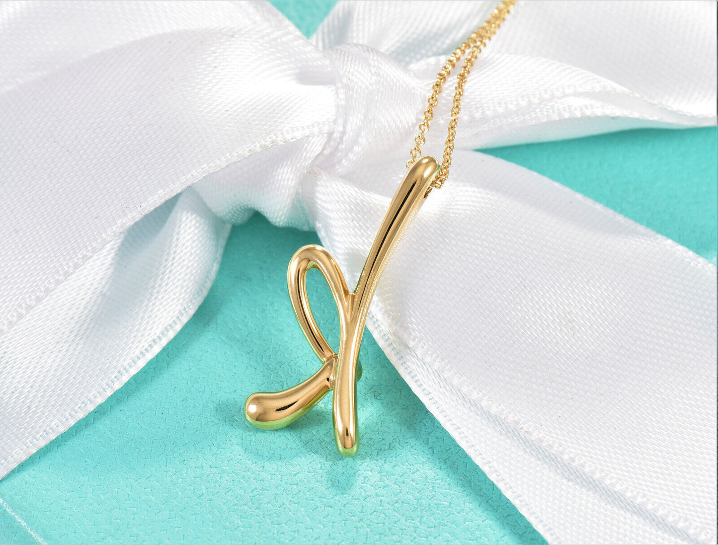 Boxed Tiffany & Co 18K Yellow Gold Elsa Peretti Letter K Pendant 16.25" Necklace