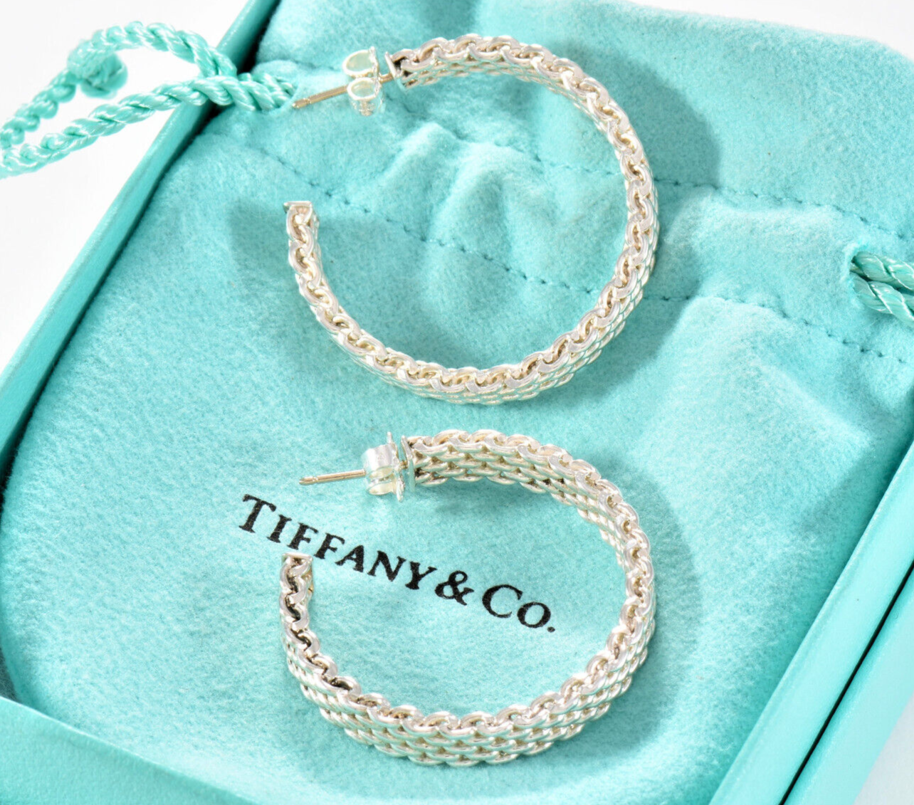 Tiffany & Co Sterling Silver Large 33mm Mesh Hoop Earrings in Box Narrow Rare