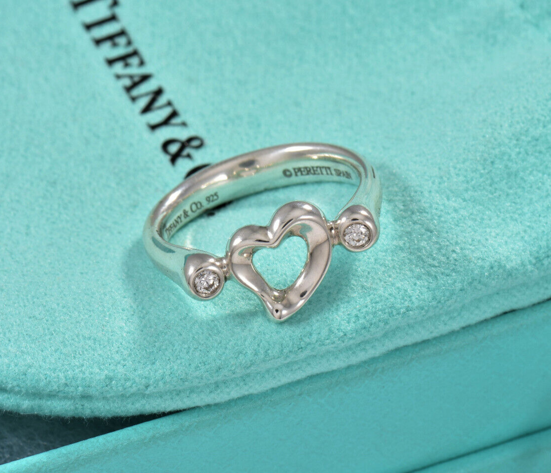 Size 5.5 Tiffany & Co Diamond Silver Elsa Peretti Open Heart Ring in Box Pouch