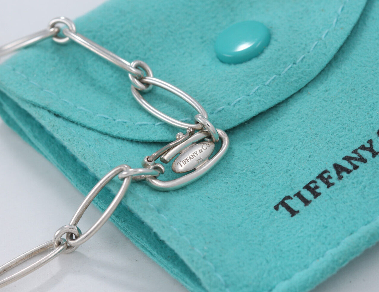 7.5" Tiffany & Co Elsa Peretti Silver Open Heart Oval Link Chain Bracelet Pouch