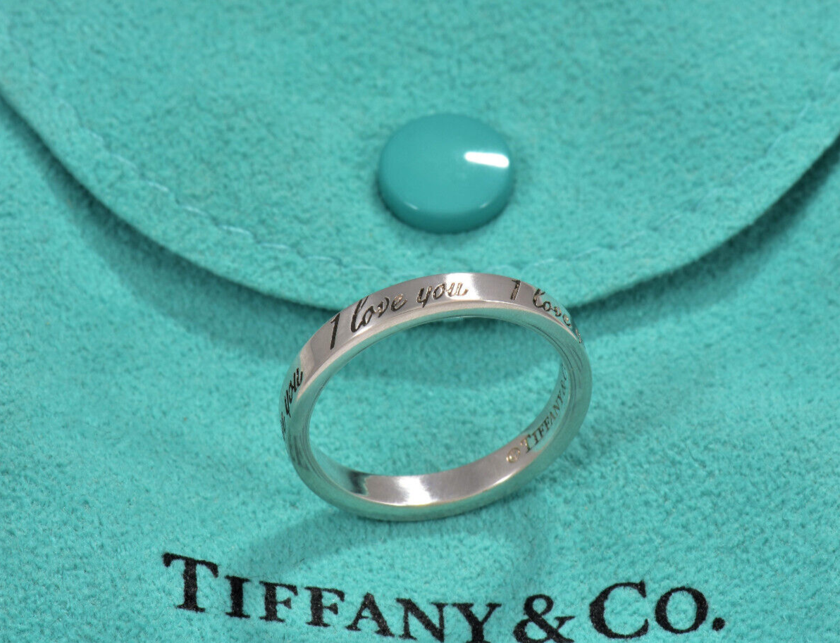 Size 6.5 Tiffany & Co Sterling Silver I Love You Notes Narrow Band Ring in Pouch