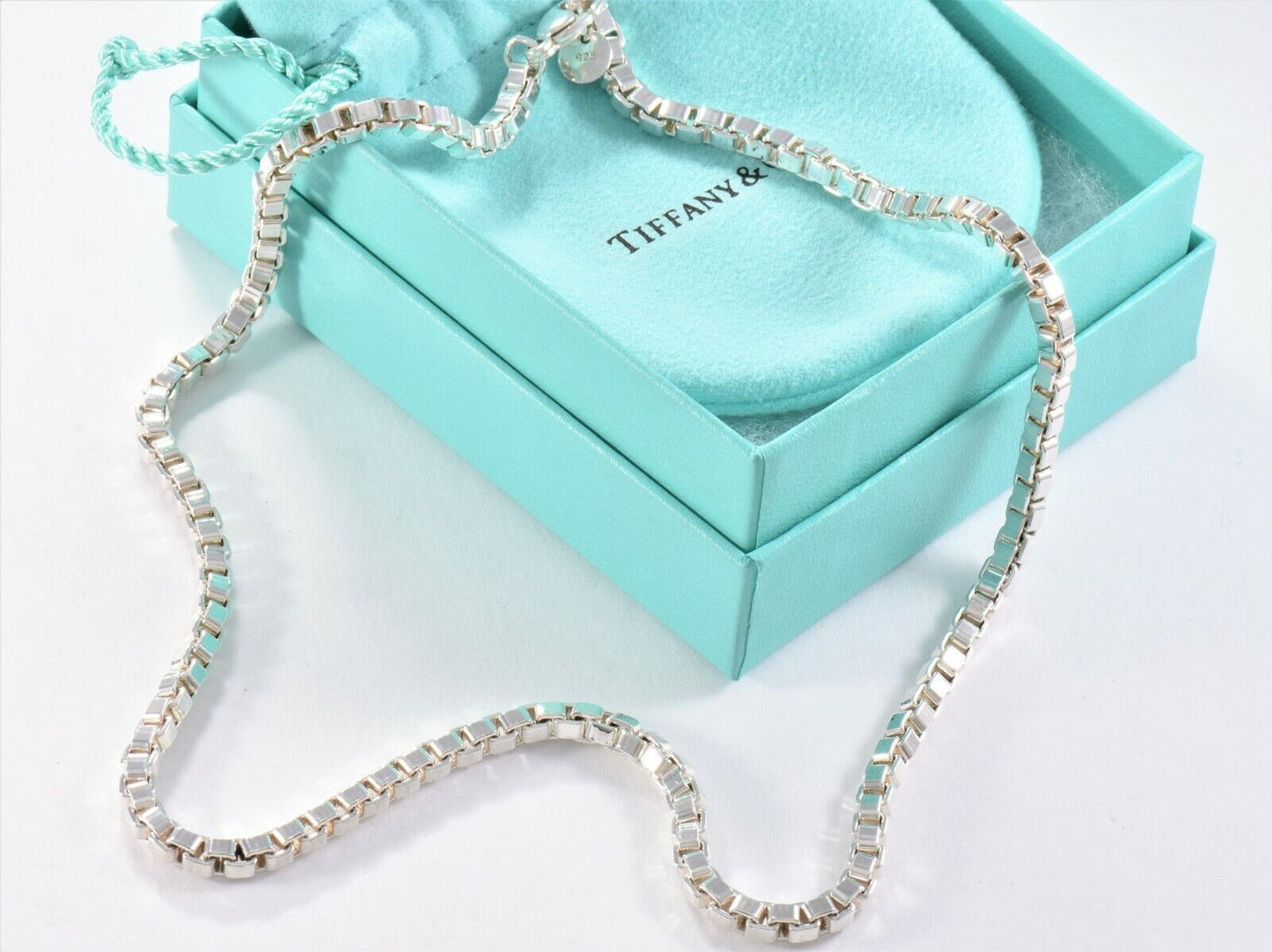 16.2" Tiffany & Co Silver Venetian Box Link Necklace in Pouch Mens Gift Unisex