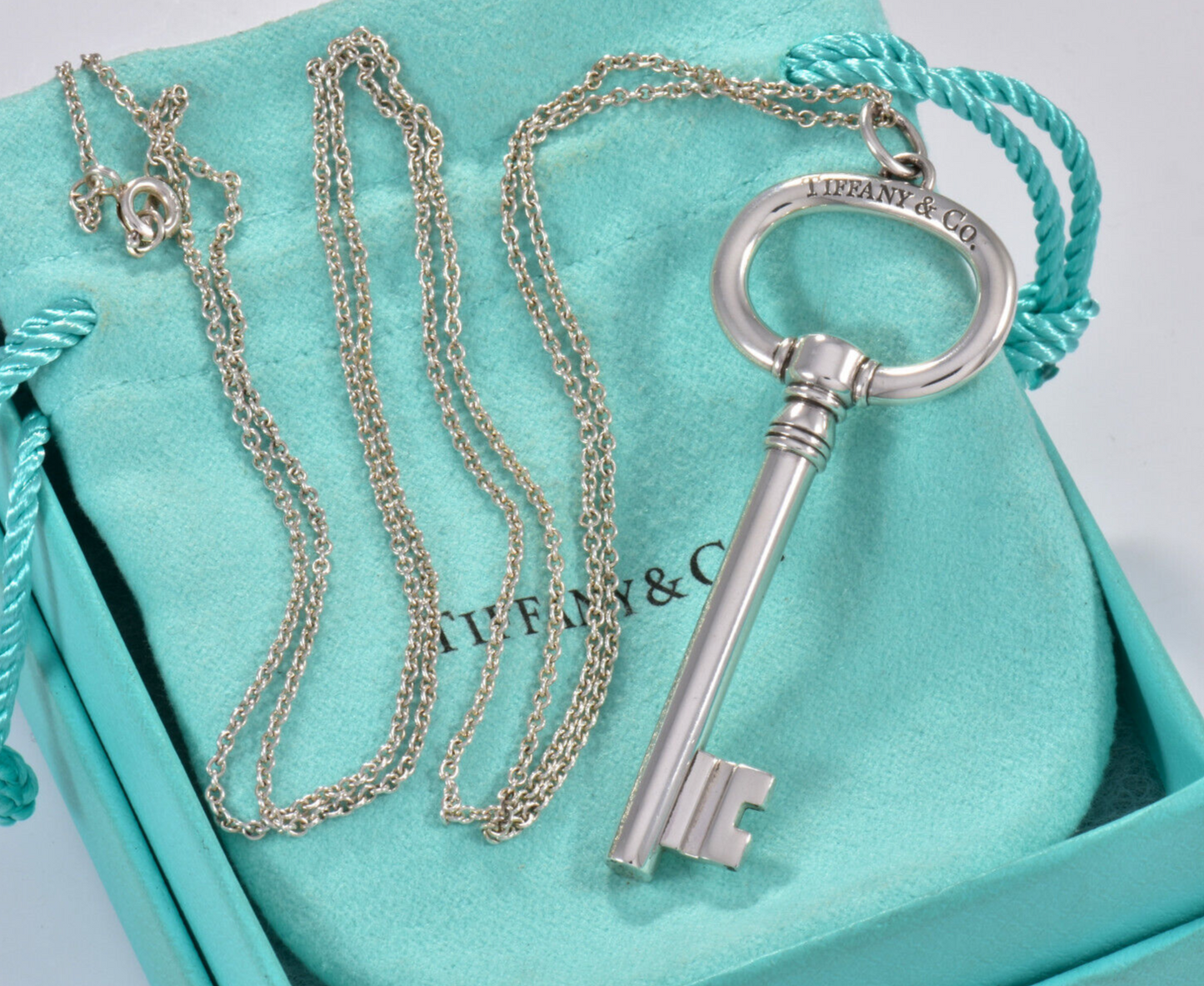 Tiffany & Co Silver XL 2.5" Oval Key Charm Pendant 30.5" Chain Necklace Boxed