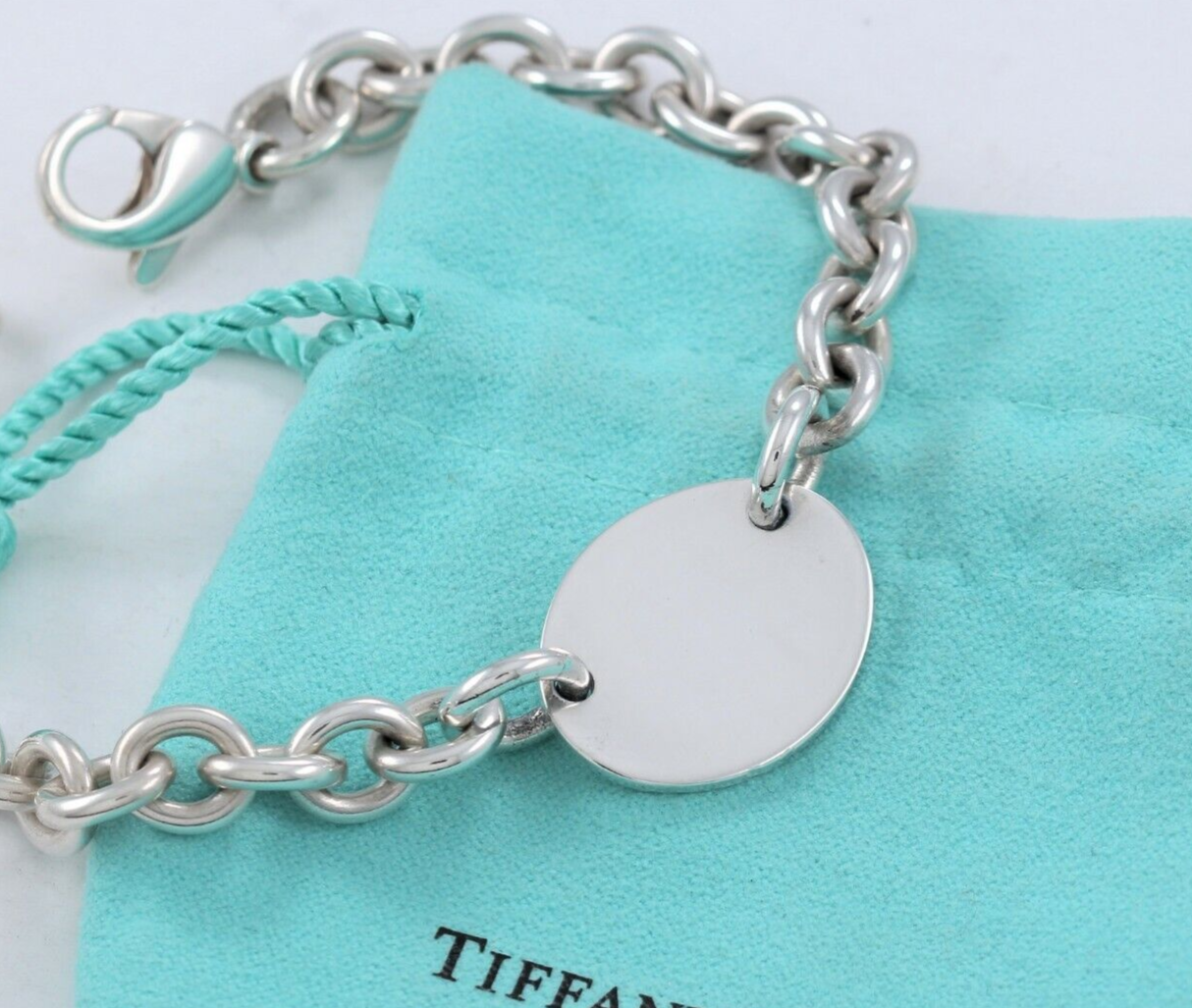 7.25" Please Return To Tiffany & Co Silver Oval Charm Chain Link Bracelet Pouch