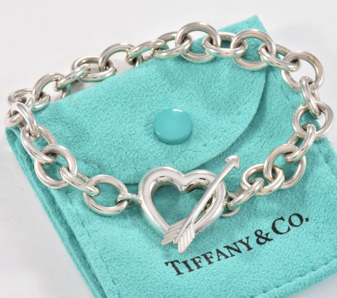 Vintage Tiffany & Co Sterling Silver Heart Arrow Toggle Chain Bracelet in Pouch