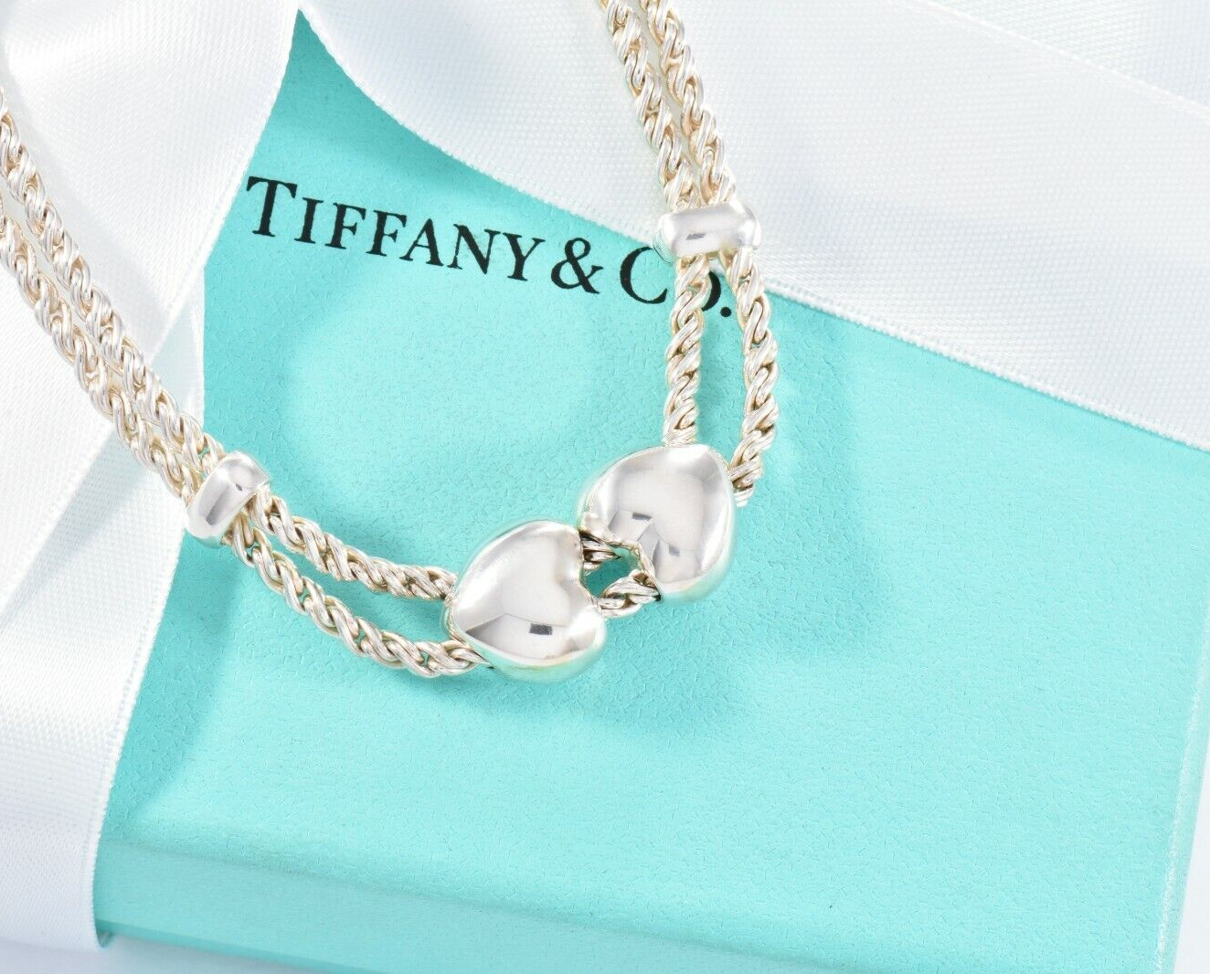 Tiffany & Co Italy Silver Double Heart Rope Chain Necklace 16.5" Chain in Pouch