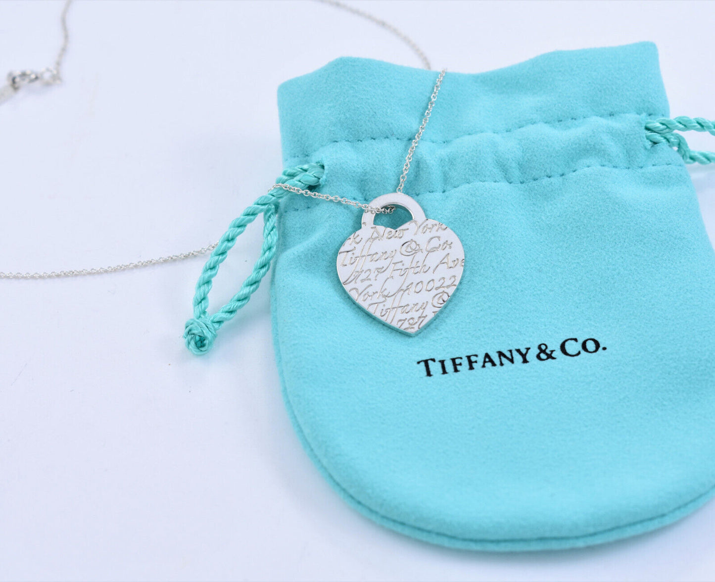 Tiffany & Co Silver Large 1" NY Adress Notes Heart Pendant 18" Necklace in Box