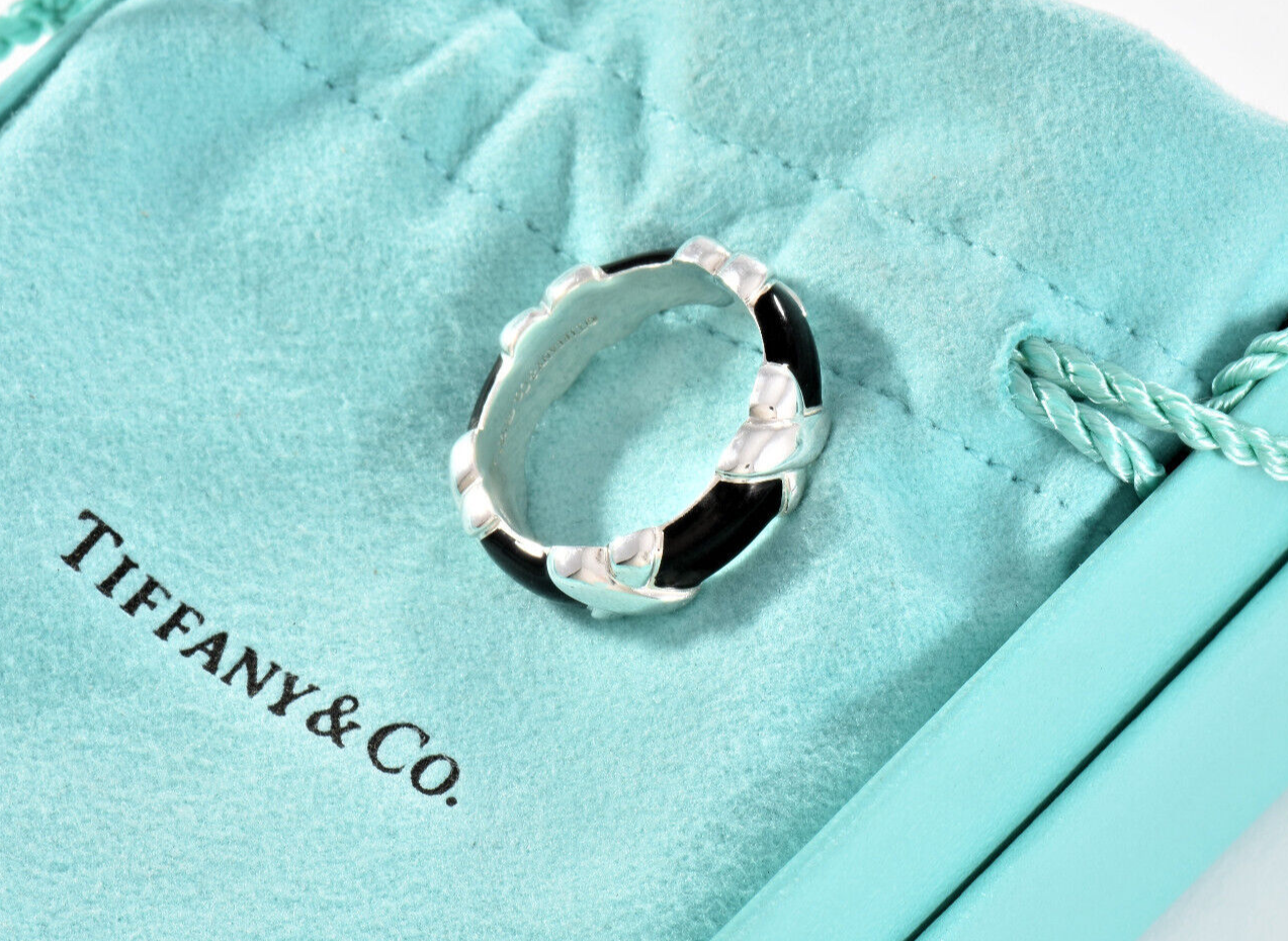 Size 5 Tiffany & Co Silver Black Enamel Signature X Stack 6mm Band Ring in Pouch