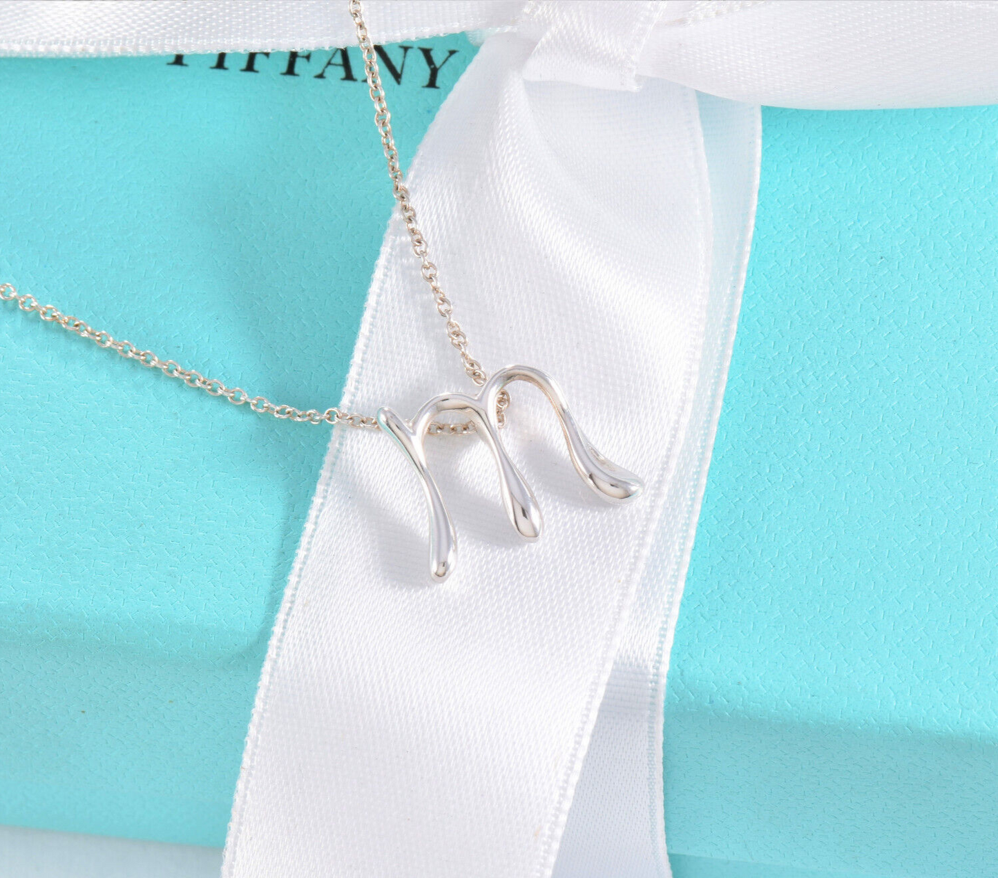 Tiffany & Co Silver Elsa Peretti Alphabet Letter M Necklace in Box Pouch Lovely