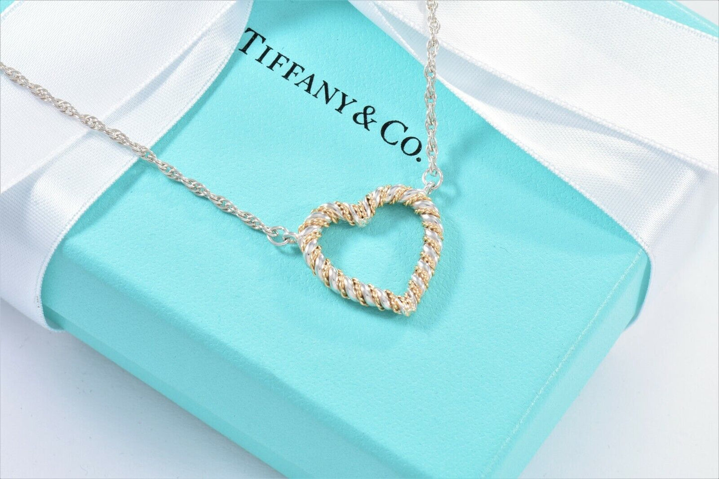 Vintage Tiffany & Co Silver Gold Heart Rope 19" Necklace in Pouch Rare Twist