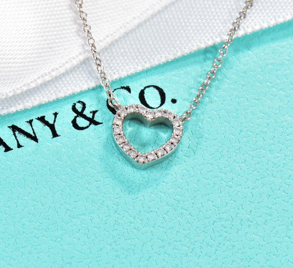 Tiffany & Co Diamond 18K White Gold Metro Heart Pendant 16.5" Necklace in Box