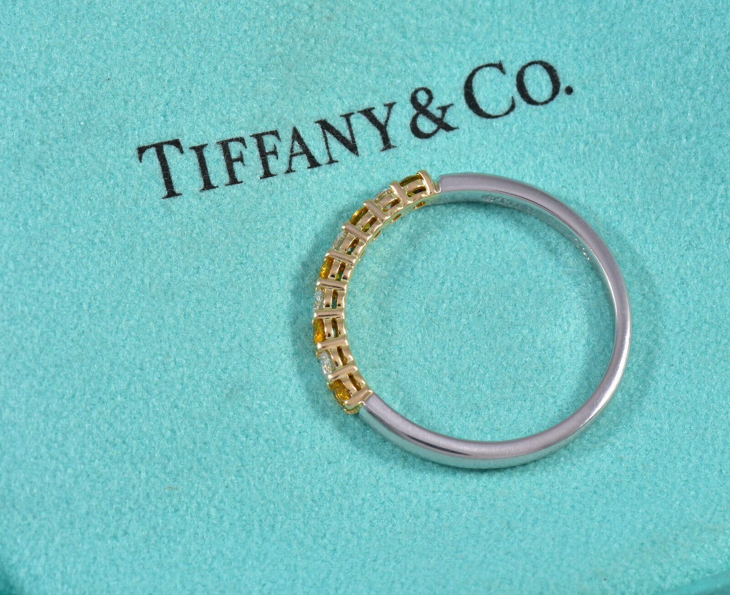 Tiffany & Co Diamond Gold Yellow Sapphire Platinum Band Size 7 Ring in Box Pouch