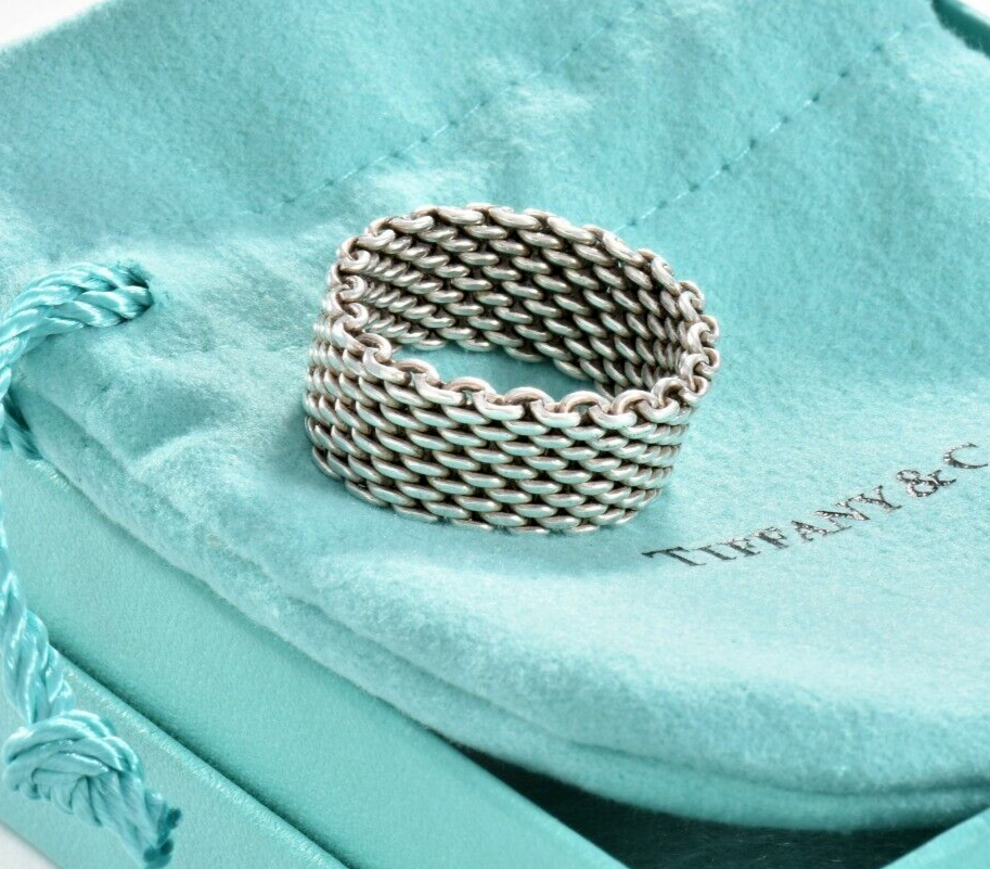 Size 10 Tiffany & Co Somerset Sterling Silver Mesh Ring in Pouch Lovely Rare