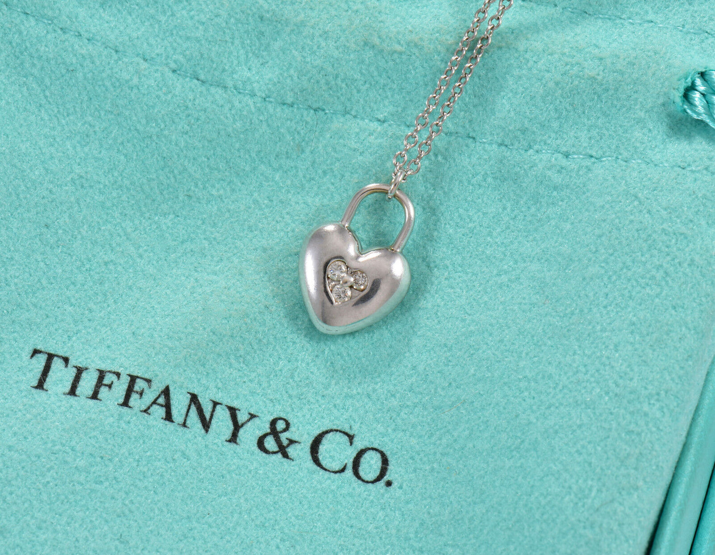 Tiffany & Co Diamond 18K White Gold Heart Lock 16.5" Necklace in Box Pouch Rare