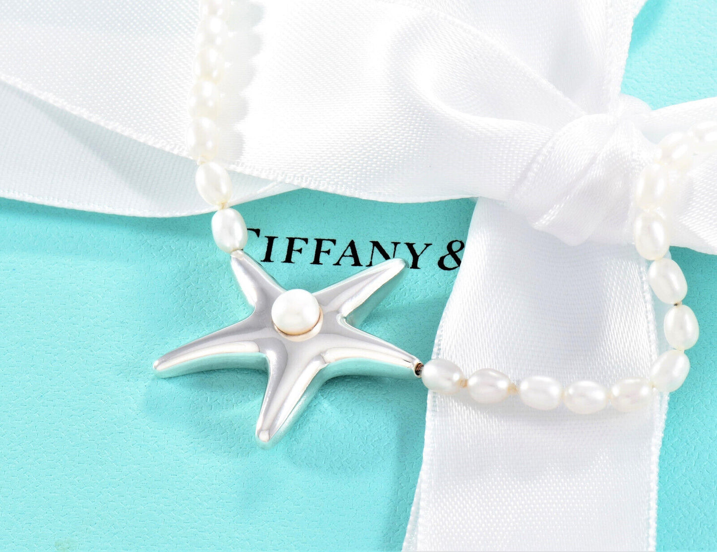 Vintage Tiffany & Co Sterling Silver Pearl Bead Starfish Pendant Necklace Pouch