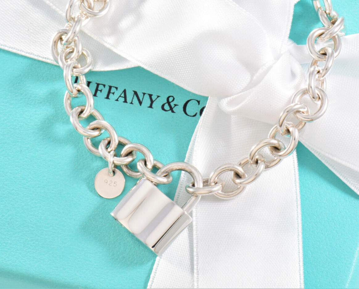 7.75" Tiffany & Co Sterling Silver 1837 Lock Chain Link Bracelet in Pouch Rare