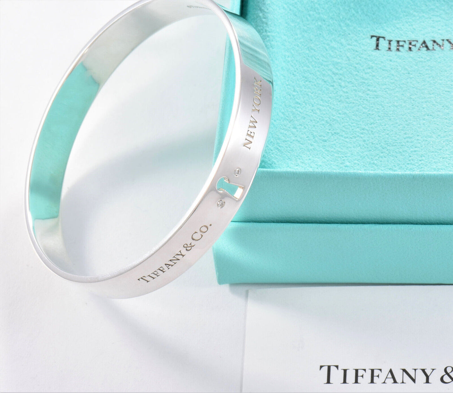 Tiffany & Co Diamond Silver Keyhole Lock Bangle Bracelet & Box Pouch Ribbon Rare