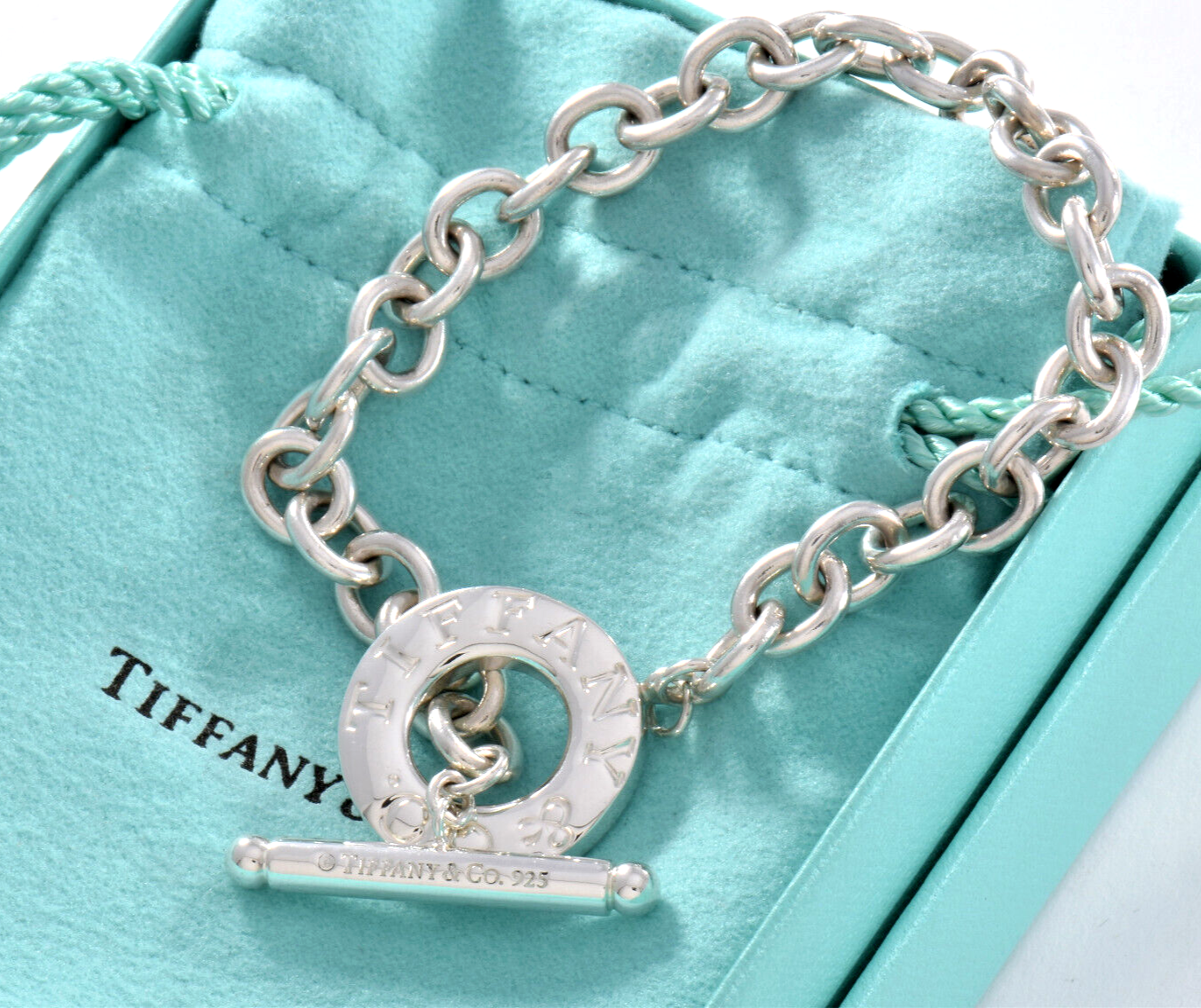 8" Tiffany & Co Sterling Silver Toggle Chain Link Charm Bracelet in Pouch Lovely