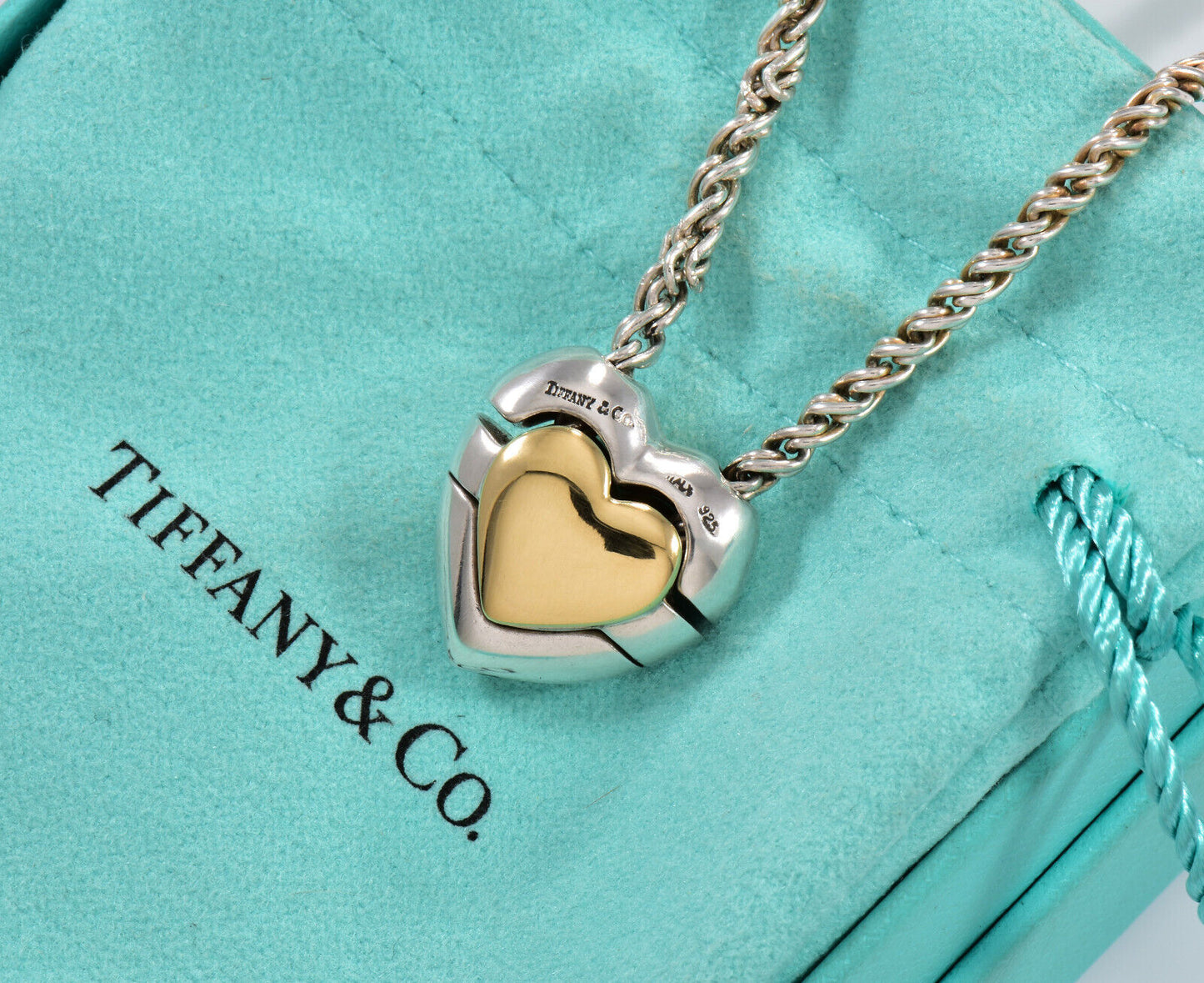 Vintage Tiffany & Co Italy Gold Silver Heart Puzzle Pendant Necklace Rare Rope