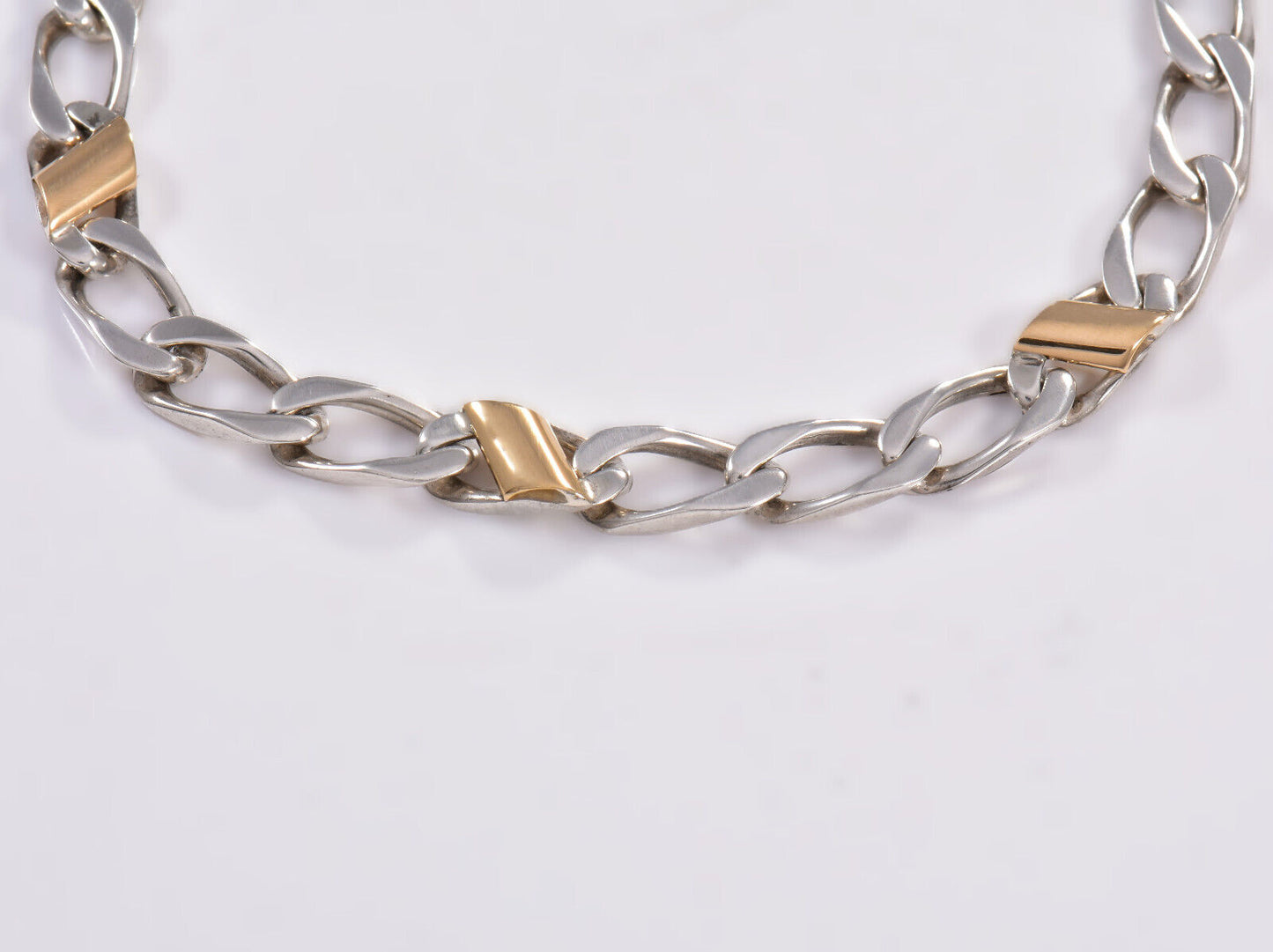 7.5" Tiffany & Co Sterling Silver 18K Gold Figaro Bracelet in Pouch Cuban Link