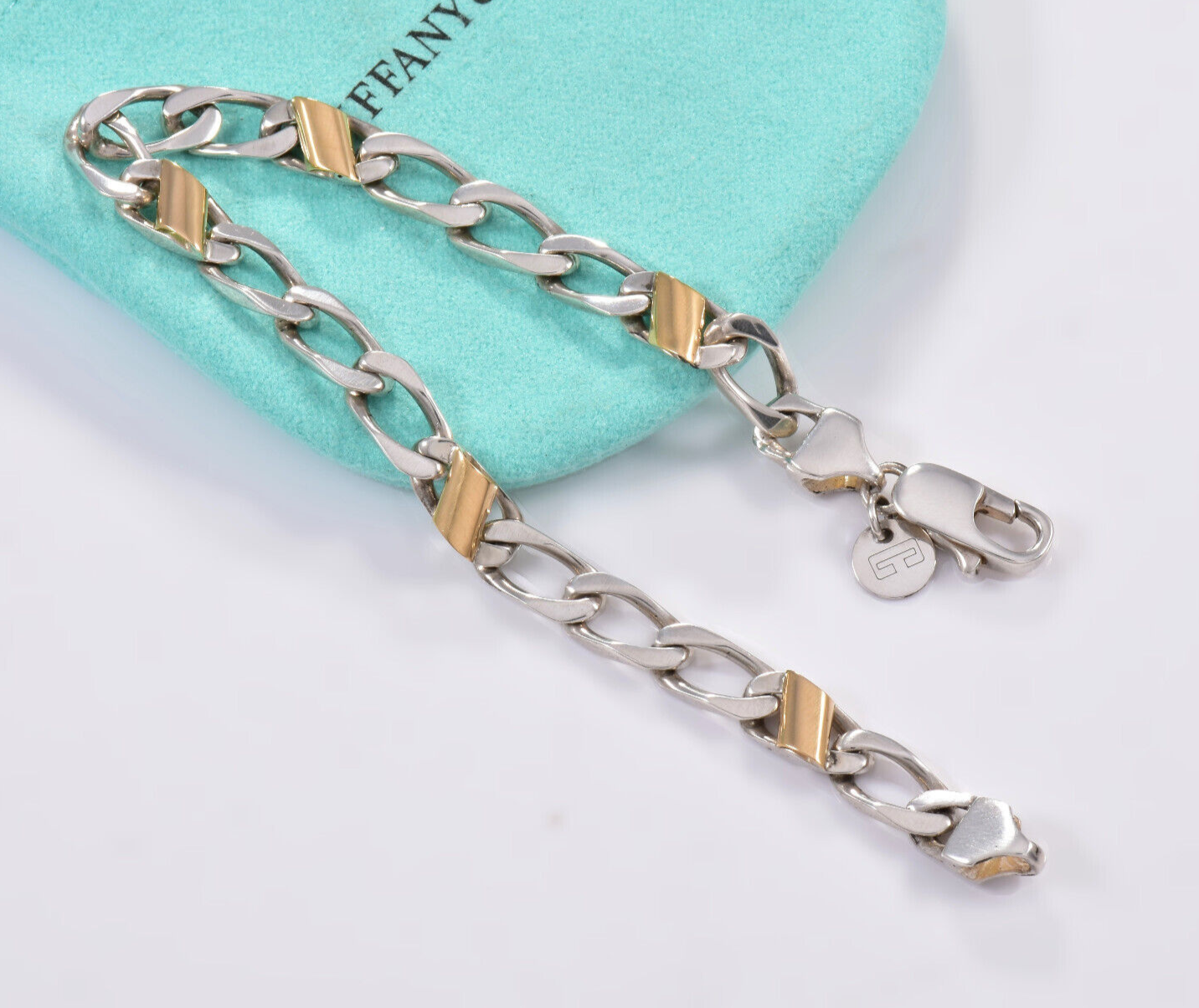 7.5" Tiffany & Co Sterling Silver 18K Gold Figaro Bracelet in Pouch Cuban Link