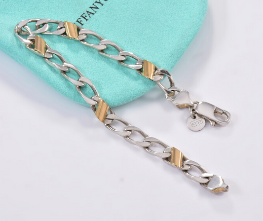 7.5" Tiffany & Co Sterling Silver 18K Gold Figaro Bracelet in Pouch Cuban Link