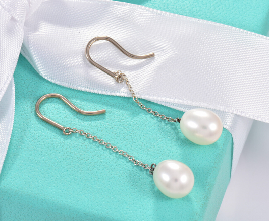 Tiffany & Co Silver Elsa Peretti Pearls By Yard Chain Earrings Box Pouch Ribbon