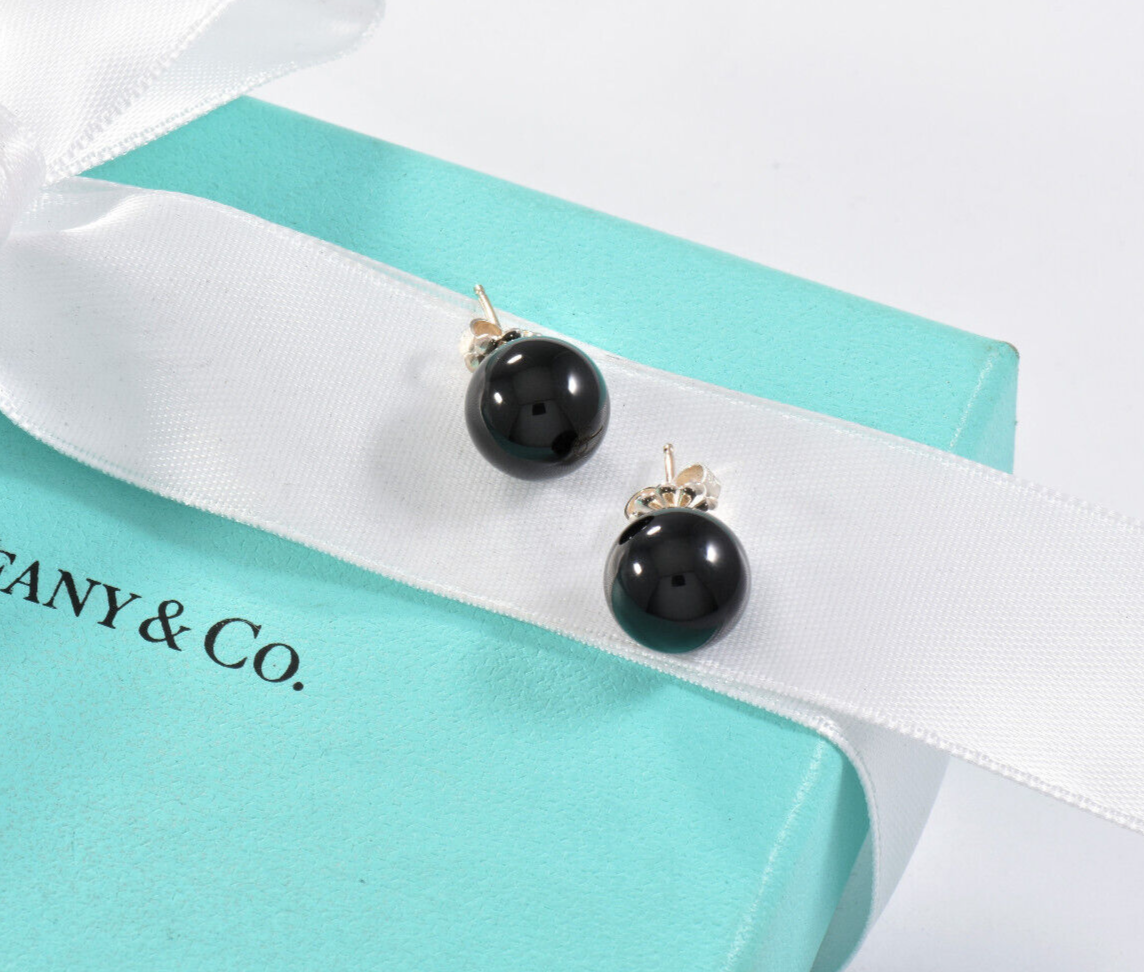 Tiffany & Co Sterling Silver Black Onyx 10mm Bead Ball Stud Earrings in Box Rare