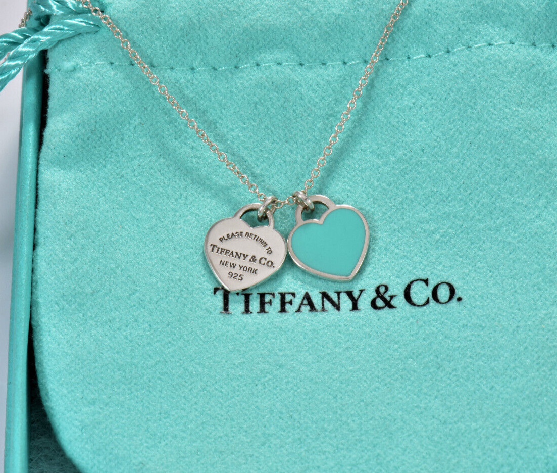 18.5" Please Return Tiffany & Co Silver Mini Double Heart Blue Enamel Necklace