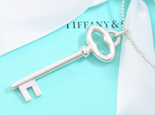 Tiffany & Co Silver Large 2" Oval Key Charm Pendant 16.25" Bead Chain Necklace