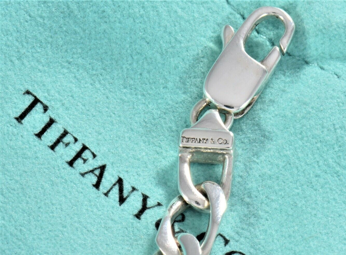 7.75" Tiffany & Co Sterling Silver 18K Gold Figaro Bracelet in Pouch Cuban Link