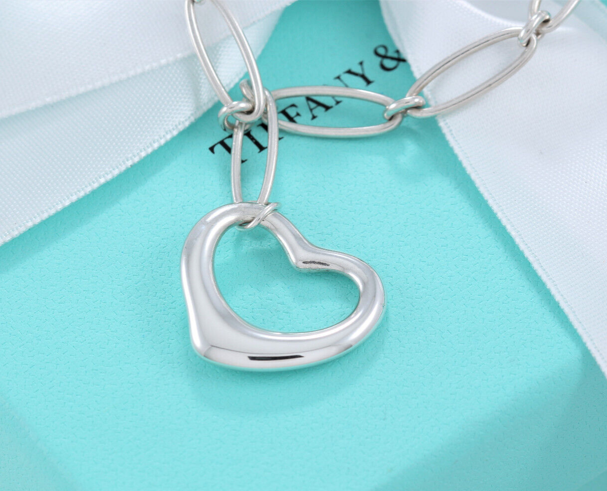 7.5" Tiffany & Co Elsa Peretti Silver Open Heart Oval Link Chain Bracelet Pouch