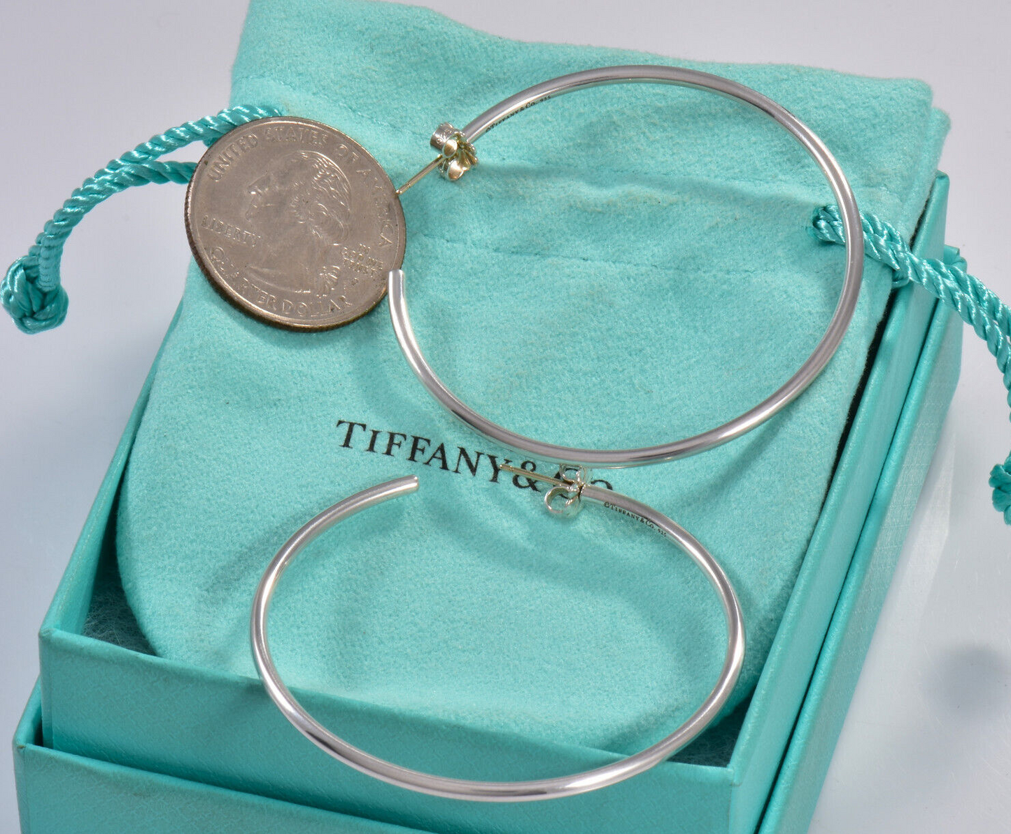 Tiffany & Co Silver 2" Large XL Narrow Tube Hoop Earrings in Box Rare 51mm Bar