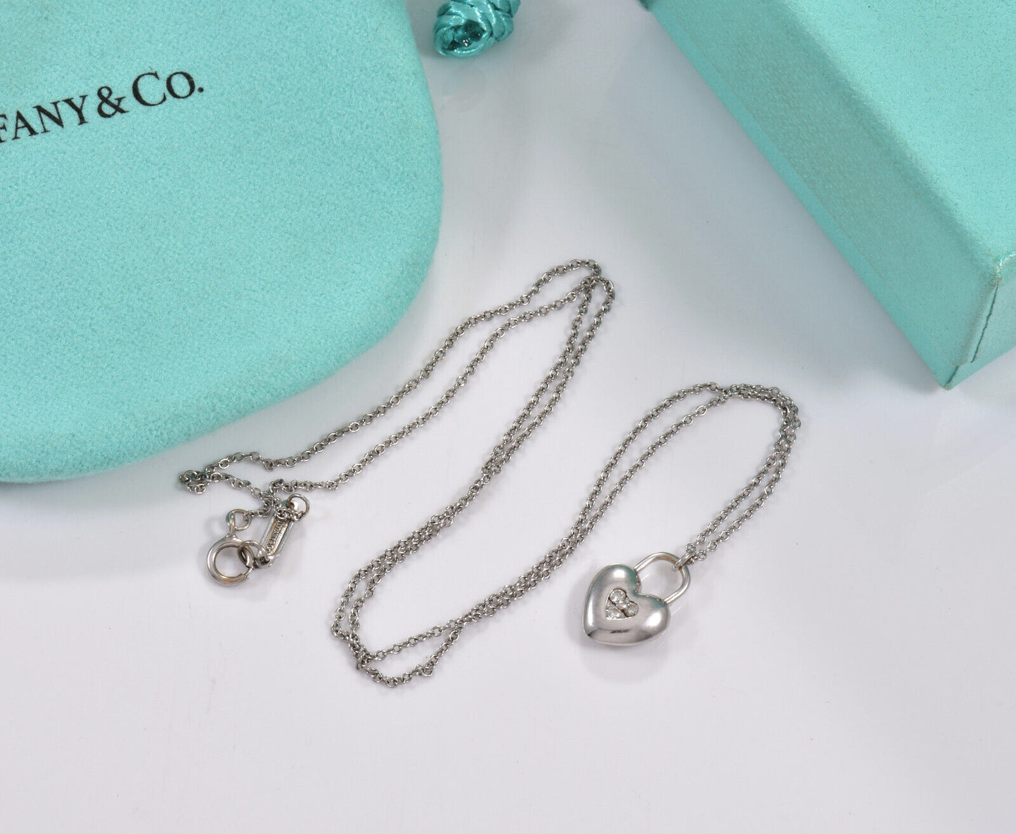 Tiffany & Co Diamond 18K White Gold Heart Lock 16.5" Necklace in Box Pouch Rare