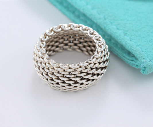 Size 10 Tiffany & Co Sterling Silver Somerset Mesh Dome Ring in Pouch Lovely