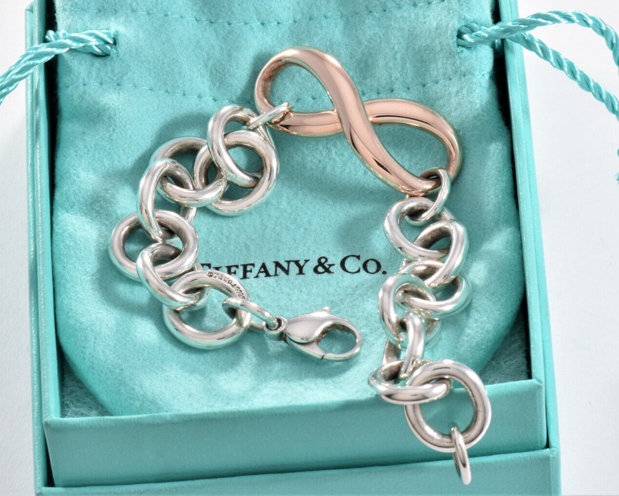 Heavy 7.75" Tiffany & Co Rubedo Gold Metal Silver Infinity Large Chain Bracelet