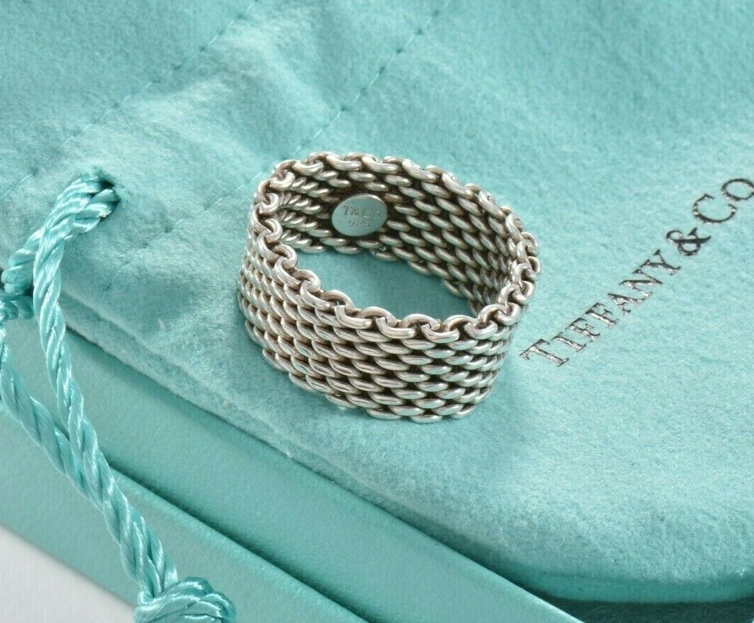 Size 10 Tiffany & Co Somerset Sterling Silver Mesh Ring in Pouch Lovely Rare