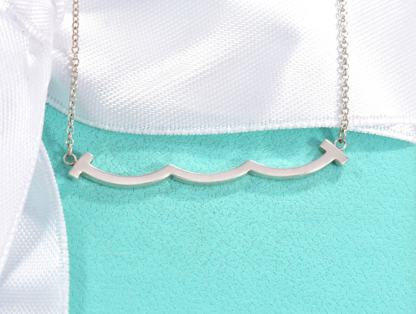 Tiffany & Co Sterling Silver T Wave Smile Pendant 16 - 18" Necklace in Box Pouch